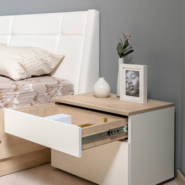 Кровать двуспальная Муссон 1600 с ортопедическим основанием и прикроватная тумба цвет белый/дуб эндгрейн элегантный