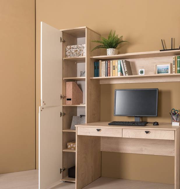 Два рабочих места Бостон с полками и пеналами цвет дуб эндгрейн элегантный/фасады МДФ милк рикамо софт