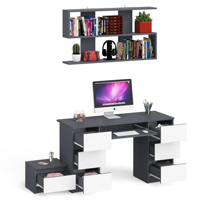 Двухтумбовый стол компьютерный Мори МС-2 с тумбочкой с ящиком и полкой на 1200 цвет графит/белый Двухтумбовый стол компьютерный Мори МС-2 с тумбочкой с ящиком и полкой на 1200 цвет графит/белый