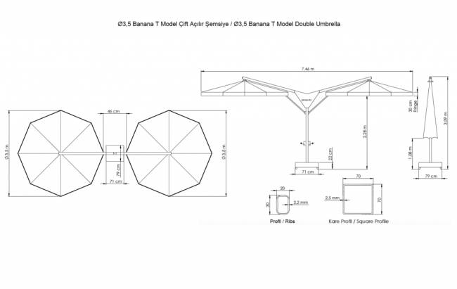 Зонт профессиональный двухкупольный Ø3.5х7 м Double Banana T бежевый Ø3500х7000 мм