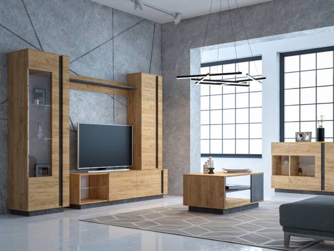 Стенка для гостиной Арчи-3 цвет дуб крафт золотой/камень тёмный