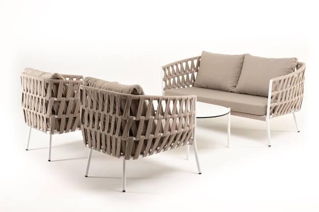 "Диего" лаунж-зона 4-местная плетеная из роупа (веревки), каркас алюминиевый белый, роуп бежевый "Диего" лаунж-зона 4-местная плетеная из роупа (веревки), каркас алюминиевый белый, роуп бежевый