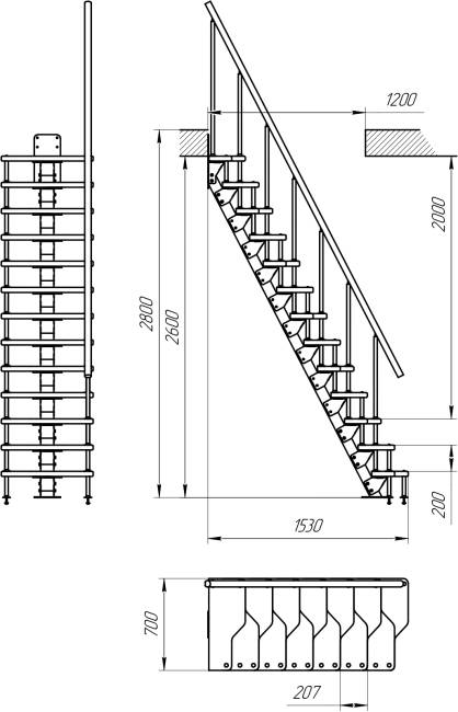 Лестница малогабаритная на монокосоуре «Гусиный шаг» 2400-2600 мм цвет серый