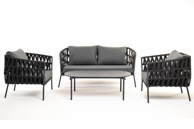 "Диего" лаунж-зона 4-местная плетеная из роупа (веревки), каркас алюминиевый темно-серый, роуп темно-серый