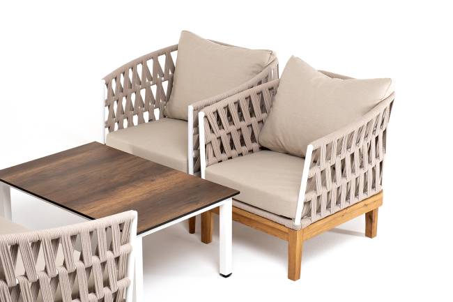 "Диего" лаунж-зона 4-местная плетеная из роупа со столиком "Канны" цвета "дуб", основание дуб, роуп бежевый "Диего" лаунж-зона 4-местная плетеная из роупа со столиком "Канны" цвета "дуб", основание дуб, роуп бежевый