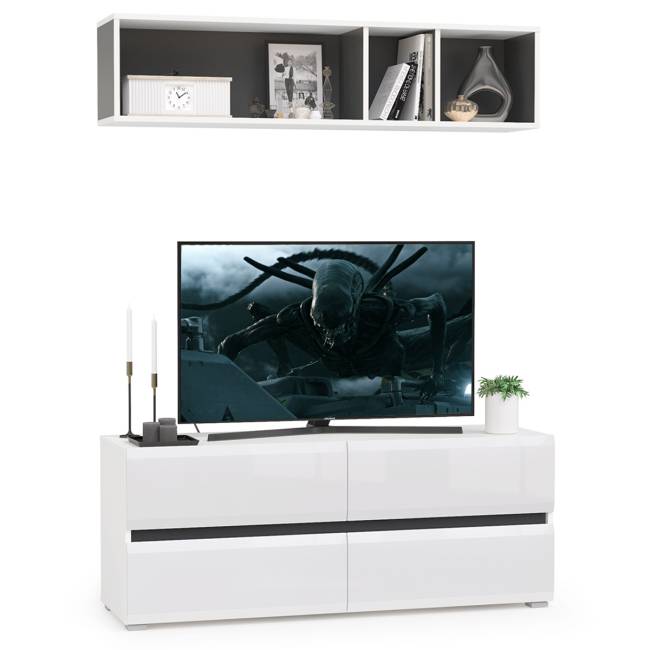 ТВ тумба Сидней с полкой цвет белый/чёрный/фасады МДФ белый глянец ТВ тумба Сидней с полкой цвет белый/чёрный/фасады МДФ белый глянец