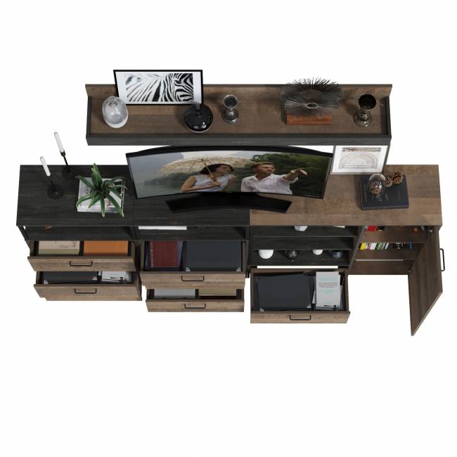 Два комода с ящиками с навесной полкой и комод с ящиком и дверкой в гостиную Трувор цвет дуб гранж песочный/интра